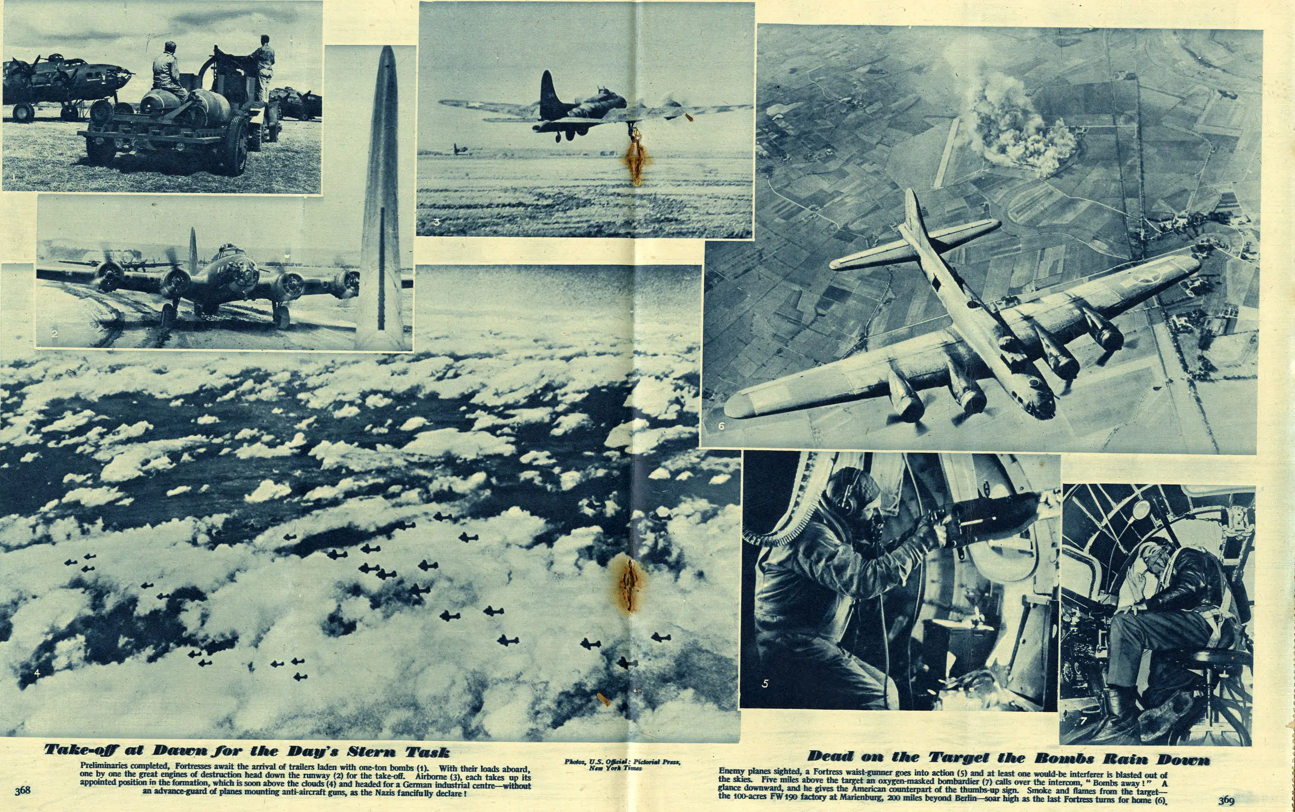A page of The War Illustrated showing several photos of four engine bombers. One photo shows two dozen flying above the clouds, another shows a plane flying high over fields with a massive area smoking behind it. Two photos in the bottom right show some of the crew inside one of the bombers.